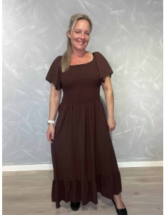 Brun kjole i polyester med smock og flæseærmer – TIPPY Collection TIPPY