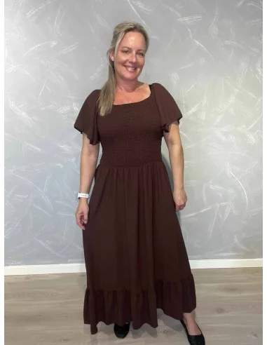 Brun kjole i polyester med smock og flæseærmer – TIPPY Collection TIPPY