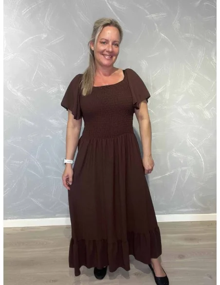 Brun kjole i polyester med smock og flæseærmer – TIPPY Collection TIPPY