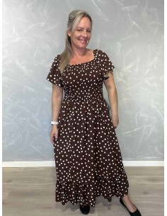 Brun kjole i polyester med smock og prikket mønster – TIPPY Collection TIPPY