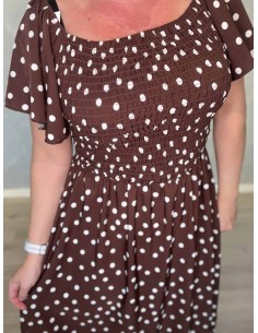 Brun kjole i polyester med smock og prikket mønster – TIPPY Collection TIPPY 2