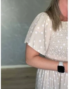 Sand kjole i polyester med smock og prikket mønster – TIPPY Collection TIPPY 2