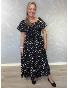 Sort kjole i polyester med smock og prikket mønster – TIPPY Collection TIPPY