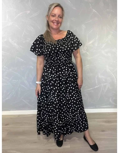 Sort kjole i polyester med smock og prikket mønster – TIPPY Collection TIPPY