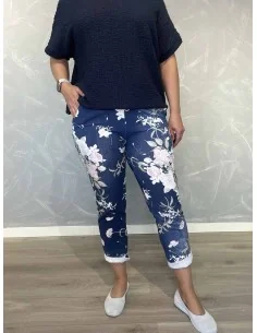 Navy jersey bukser i bomuld med blomsterprint og lommer – TIPPY Italian Select TIPPY