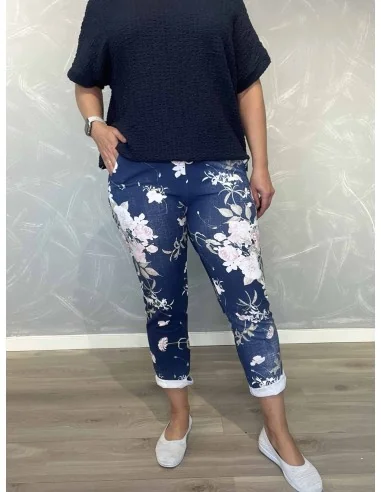 Navy jersey bukser i bomuld med blomsterprint og lommer – TIPPY Italian Select TIPPY