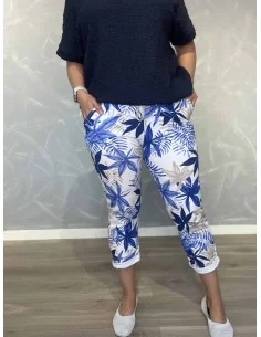 Blå jersey bukser i bomuld med tropisk blomsterprint og lommer – TIPPY Italian Select TIPPY