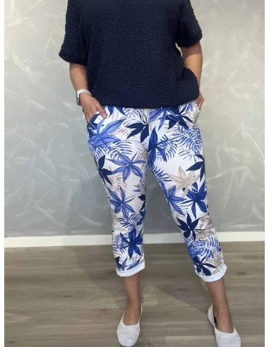 Blå jersey bukser i bomuld med tropisk blomsterprint og lommer – TIPPY Italian Select TIPPY