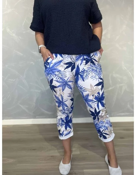 Blå jersey bukser i bomuld med tropisk blomsterprint og lommer – TIPPY Italian Select TIPPY