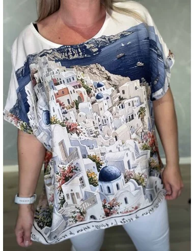 Græsk by blå print på bluse – TIPPY