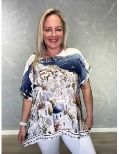 Blå Græsk By bluse i viskose med print – Tippy Collection TIPPY