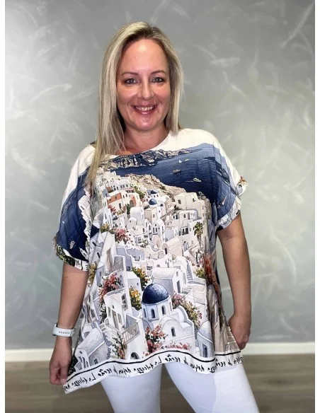 Blå Græsk By bluse i viskose med print – Tippy Collection TIPPY
