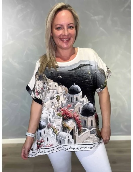 Sort Græsk By bluse i viskose med print – Tippy Collection TIPPY
