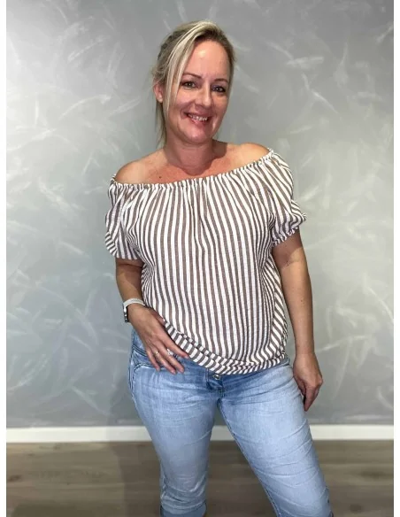 Brun bluse i polyester, bomuld og viskose med off shoulder og pufærmer – TIPPY Italian Select TIPPY