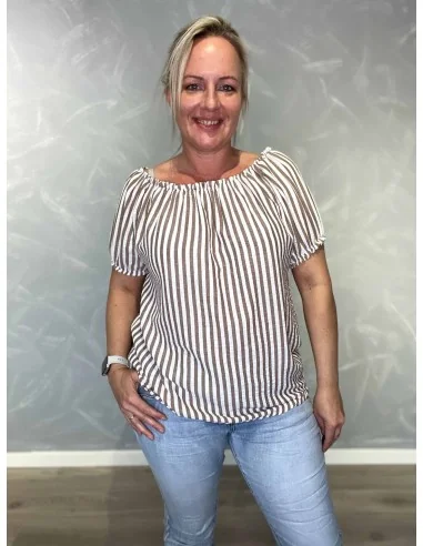 Brun bluse i polyester, bomuld og viskose med off shoulder og pufærmer – TIPPY Italian Select TIPPY