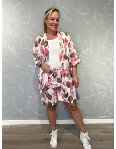 "Rosa cardigan og shorts i bomuld med bladprint – TIPPY Collection TIPPY