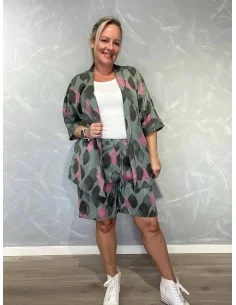 Grøn cardigan og shorts i bomuld med bladprint – TIPPY Collection TIPPY