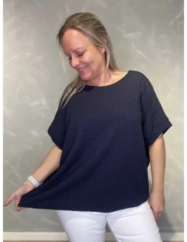 Navy bluse med struktur og elastik til kvinder – TIPPY Collection