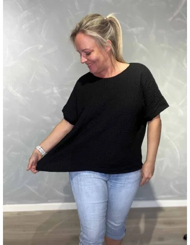 Sort bluse med struktur og elastik til kvinder – TIPPY Collection