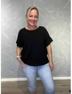 Sort bluse med struktur og elastik til kvinder – TIPPY Collection