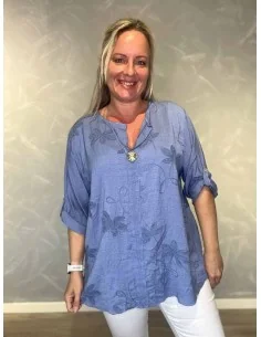 Jeans blå bluse i viskose med broderi og V-udskæring – TIPPY Collection