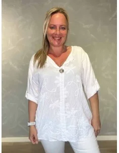 Hvid bluse i viskose med broderi og V-udskæring – TIPPY Collection