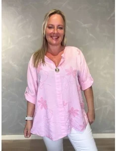 Rosa bluse i viskose med broderi og V-udskæring – TIPPY Collection