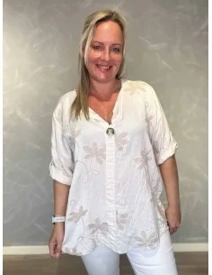 Sand bluse i viskose med broderi og V-udskæring – TIPPY Collection