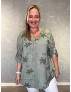 Khaki bluse i  viskose med broderi og V-udskæring – TIPPY Collection