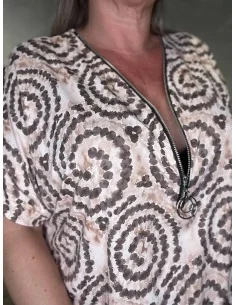 Brun/beige bluse i polyester med lynlås og cirkelprint – TIPPY Collection TIPPY 2