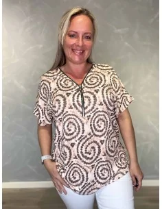 Brun/beige bluse i polyester med lynlås og cirkelprint – TIPPY Collection TIPPY