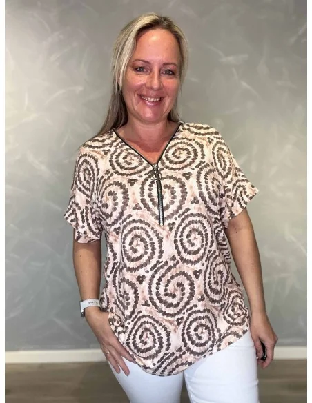 Brun/beige bluse i polyester med lynlås og cirkelprint – TIPPY Collection TIPPY