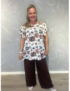 Brunt sæt i viskose med blomsterbluse og vide bukser – TIPPY Italian Select TIPPY