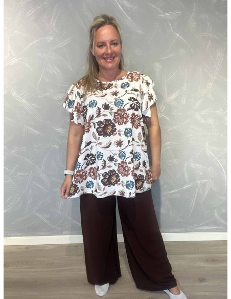 Brunt sæt i viskose med blomsterbluse og vide bukser – TIPPY Italian Select TIPPY