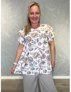 Sandfarvet sæt i viskose med blomsterbluse og vide bukser – TIPPY Italian Select TIPPY 2