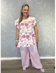 Rosa sæt i viskose med blomsterbluse og vide bukser – TIPPY Italian Select TIPPY