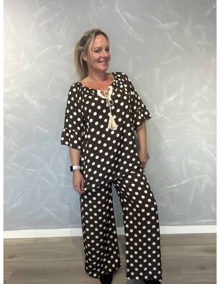 Brunt prikket sæt med løs bluse – 	
TIPPY Italian select TIPPY