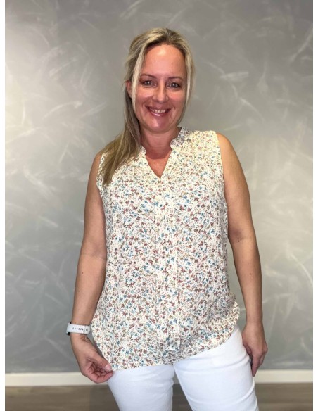 Gul top i viskose med blomsterprint, V-hals og læg – TIPPY Collection TIPPY