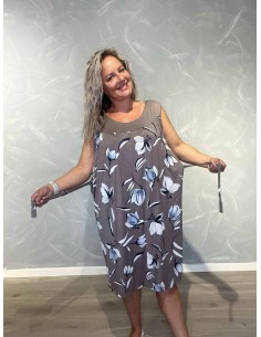 Taupe kjole i viskose med bindebånd og blomsterprint – TIPPY Italian Select 2