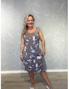 Taupe kjole i viskose med bindebånd og blomsterprint – TIPPY Italian Select