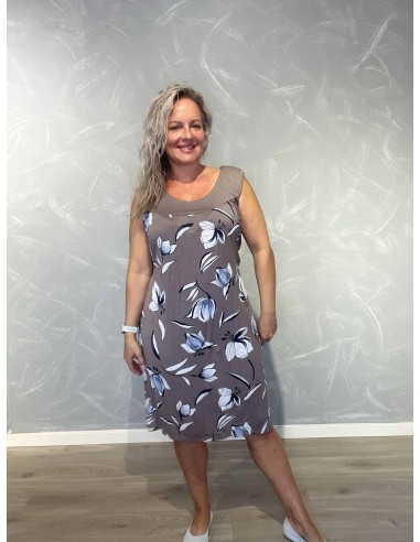 Taupe kjole i viskose med bindebånd og blomsterprint – TIPPY Italian Select