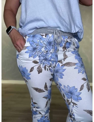 Blå jersey bukser med blomsterprint | TIPPY