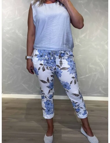 Blå jersey bukser med blomsterprint | TIPPY