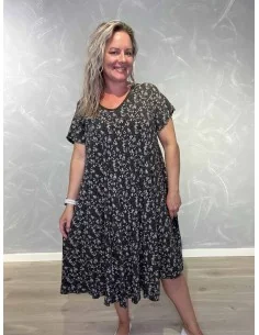 Grå maxikjole i viskose med blomsterprint og vid pasform – TIPPY Collection