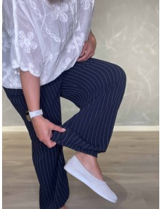 Navy stribede bukser i polyester og viskose med elastik i ben – TIPPY Collection 2