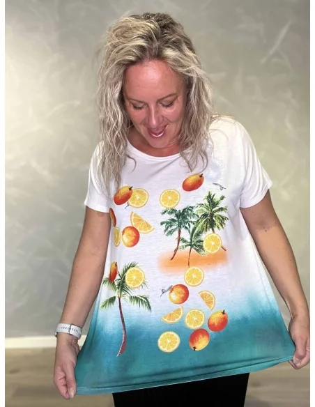 Tropisk frugtprint på hvid T-shirt – TIPPY