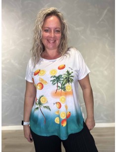 Hvid T-shirt i polyester med tropisk frugtprint og palmer – TIPPY Collection
