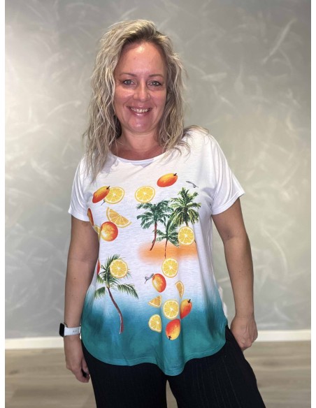 Hvid T-shirt i polyester med tropisk frugtprint og palmer – TIPPY Collection