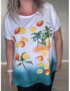 Hvid T-shirt i polyester med tropisk frugtprint og palmer – TIPPY Collection 2