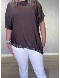 Brun bluse i viskose med blonder og asymmetrisk design – TIPPY Italian Select 2